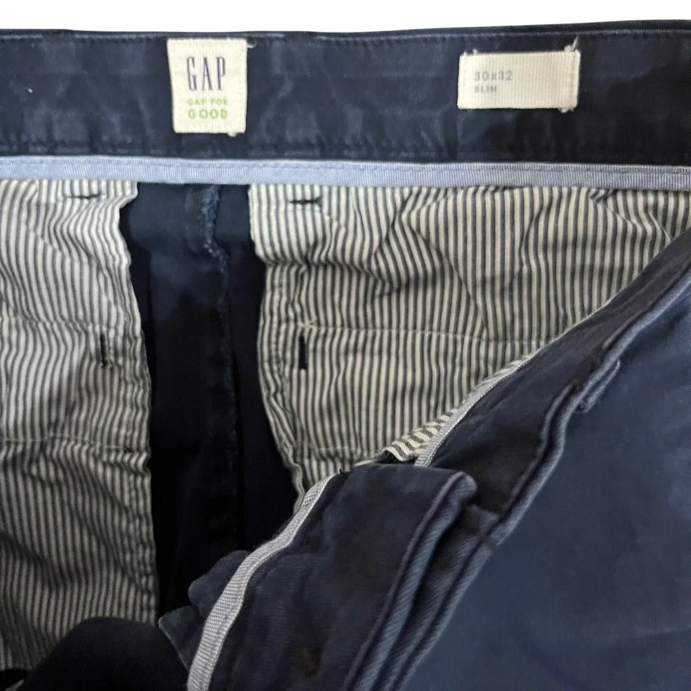 Gap For Good Mens Slim Fit Chino Pants Navy Blue 30x32 Flat Front Trousers